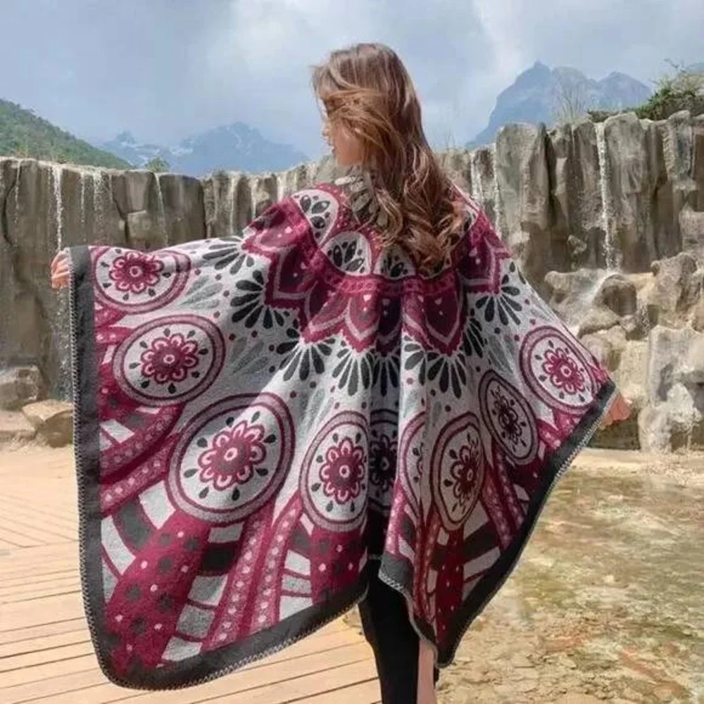 new boho southwestern vacation maroon black gray oversized poncho wrap‎ winter